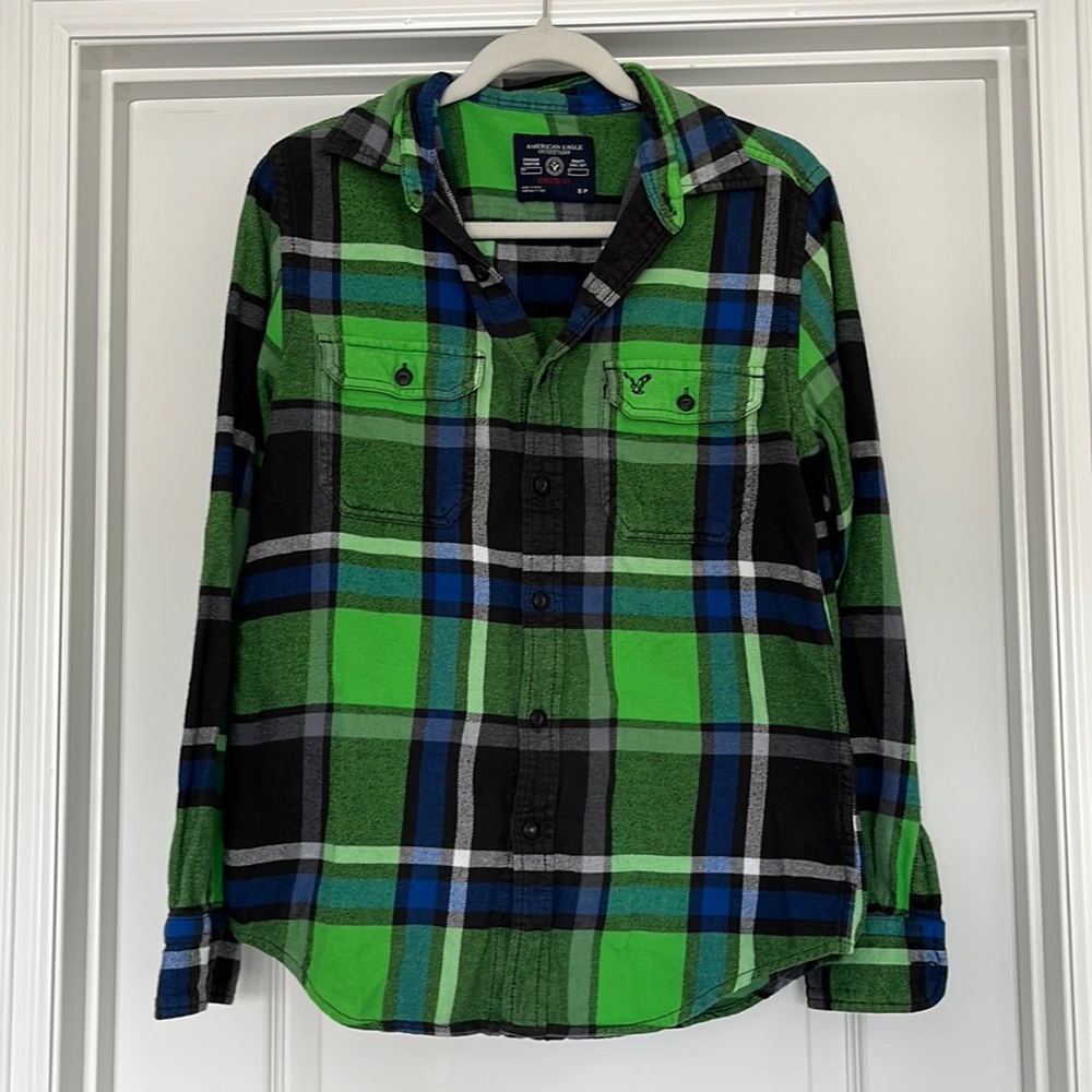 American Eagle Men’s Athletic Fit Green/Blue/Black/White Flannel Size Small